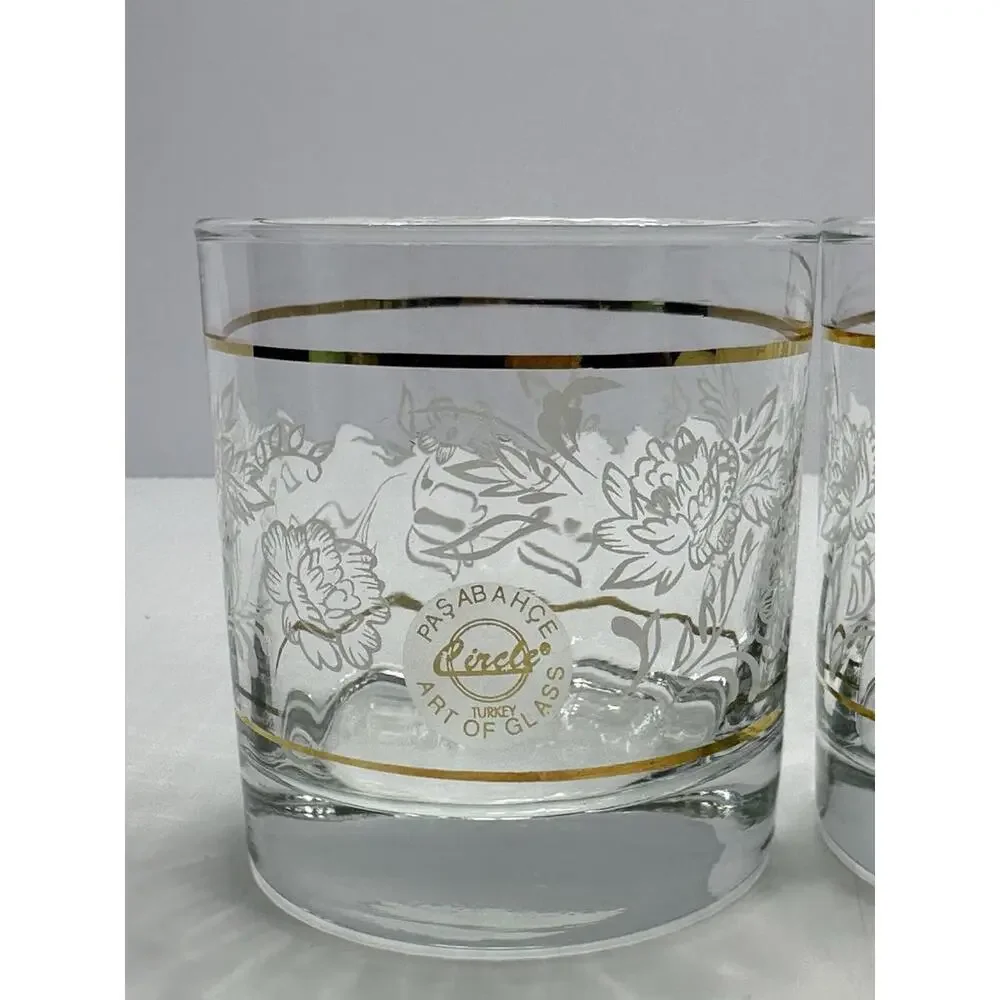4 Pasabahce Circle Turkey‎ Art of Glass Double Old Fashioned Gold Rim Floral Set